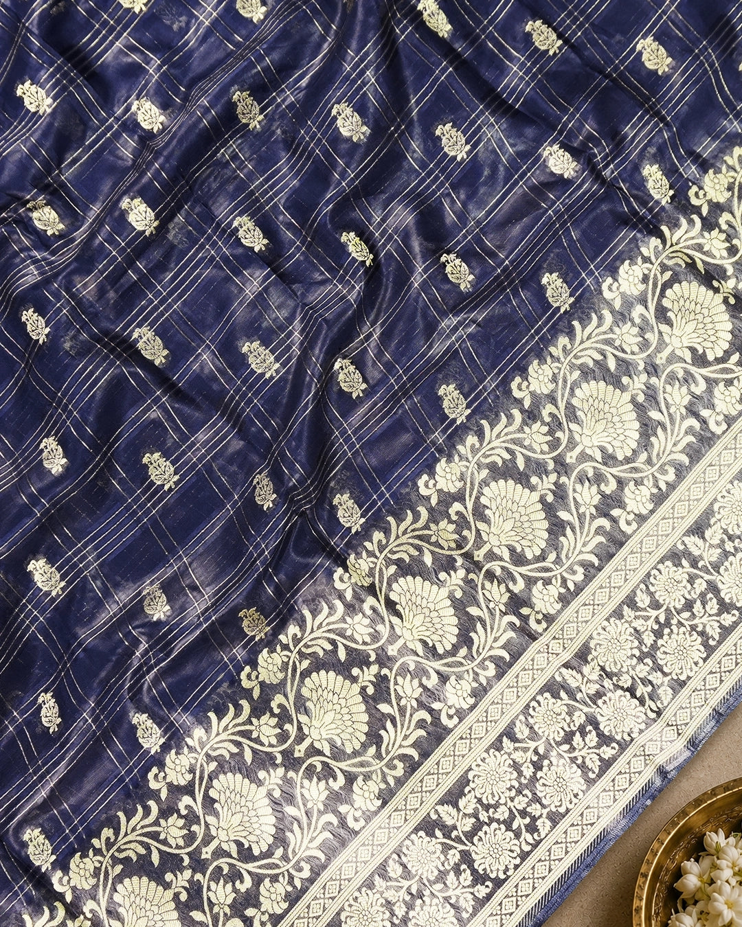 Navy Blue Pure Tangail Silk Saree with Butidar Checkered Weaving