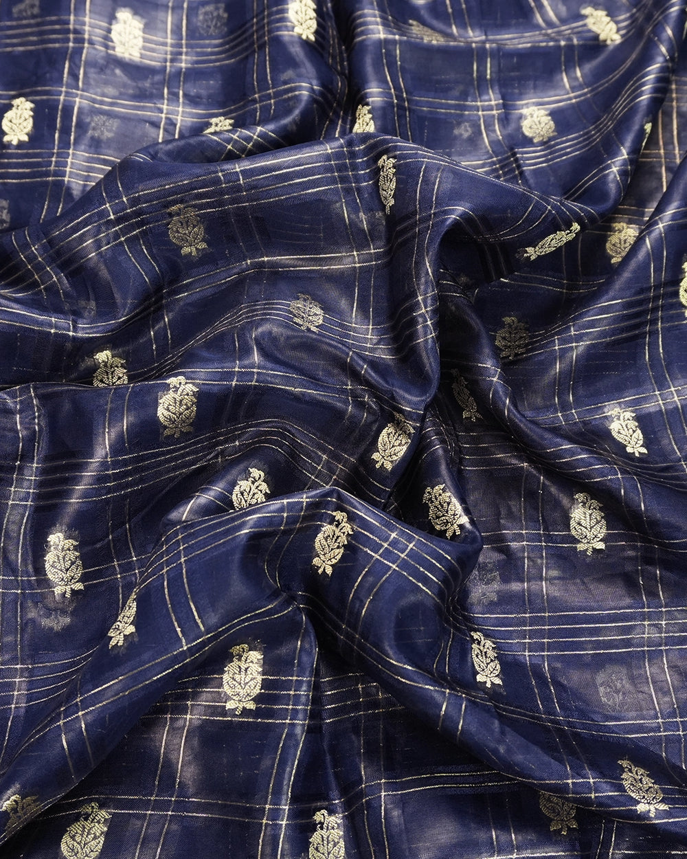 Navy Blue Pure Tangail Silk Saree with Butidar Checkered Weaving