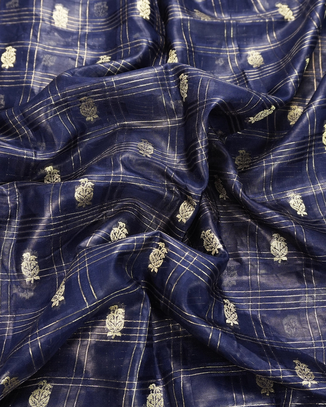 Navy Blue Pure Tangail Silk Saree with Butidar Checkered Weaving