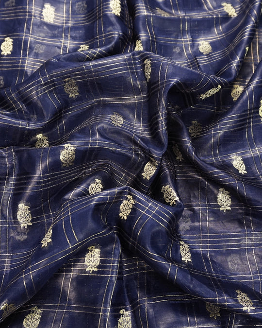 Navy Blue Pure Tangail Silk Saree with Butidar Checkered Weaving