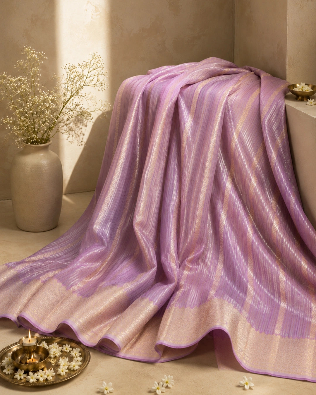 Lilac Purple Pure Georgette and Tissue Saree with Pinstripe Zari Weaving