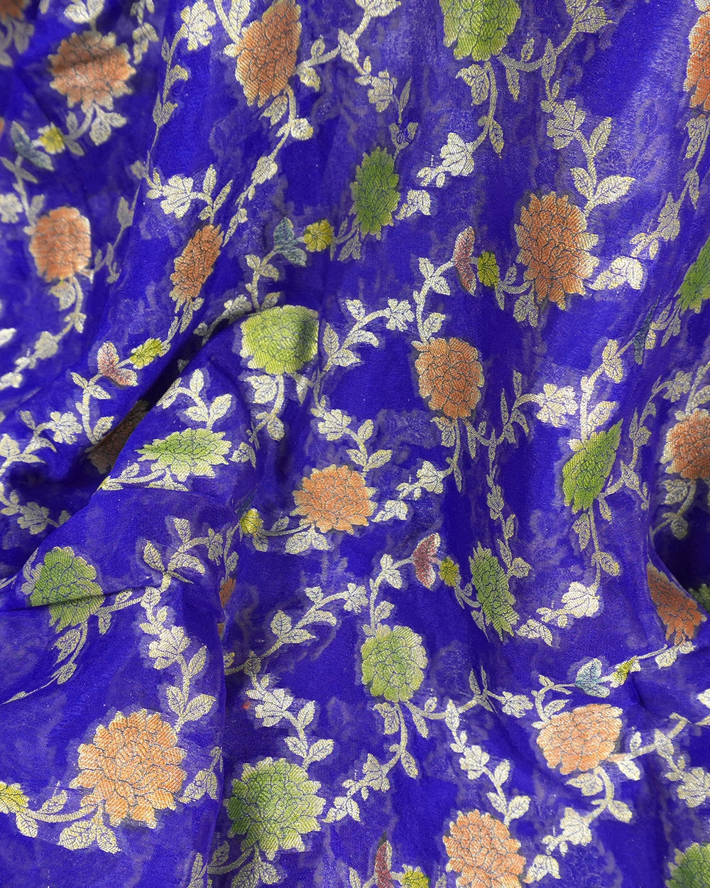 Blue Pure Chiffon Saree with Meenakari Floral Vine Weaves