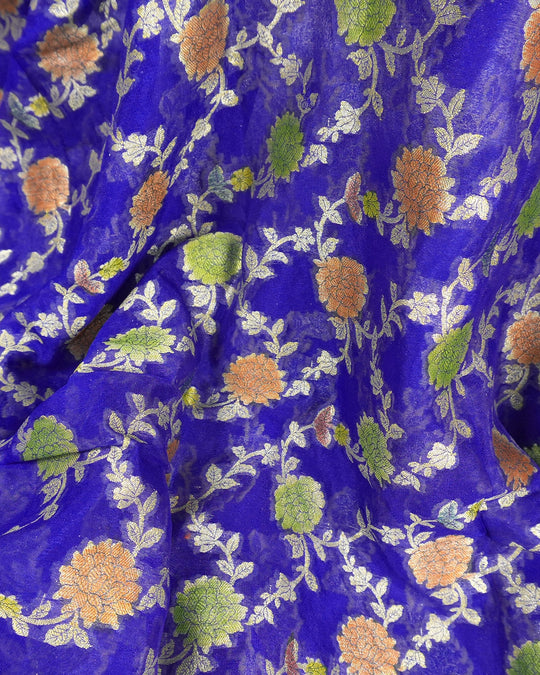 Blue Pure Chiffon Saree with Meenakari Floral Vine Weaves