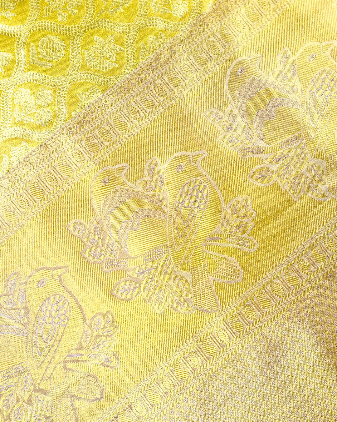 Yellow Pure Kanjivaram Saree with Floral Jaal and Broad Contrast Border