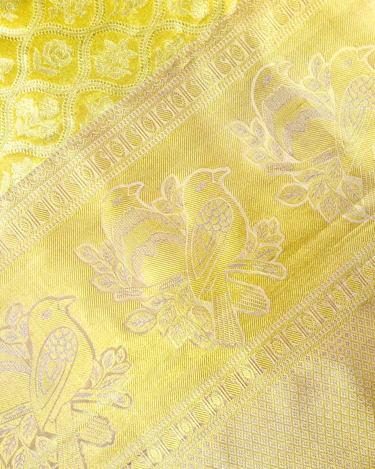 Yellow Pure Kanjivaram Saree with Floral Jaal and Broad Contrast Border
