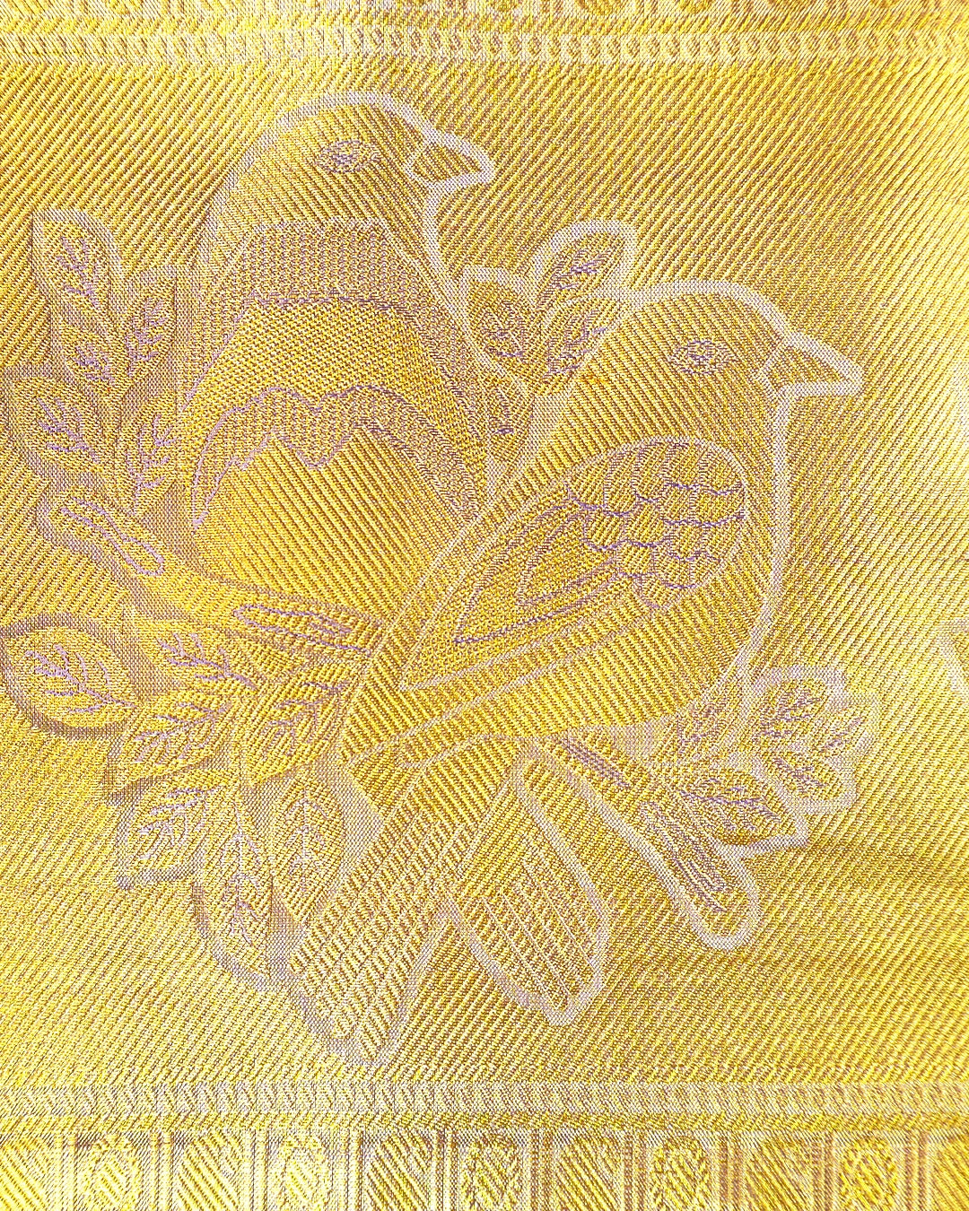 Yellow Pure Kanjivaram Saree with Floral Jaal and Broad Contrast Border