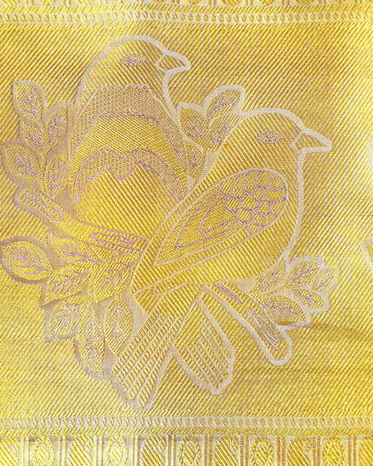 Yellow Pure Kanjivaram Saree with Floral Jaal and Broad Contrast Border