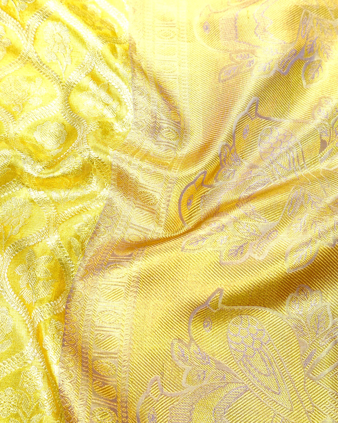 Yellow Pure Kanjivaram Saree with Floral Jaal and Broad Contrast Border