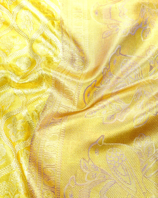 Yellow Pure Kanjivaram Saree with Floral Jaal and Broad Contrast Border