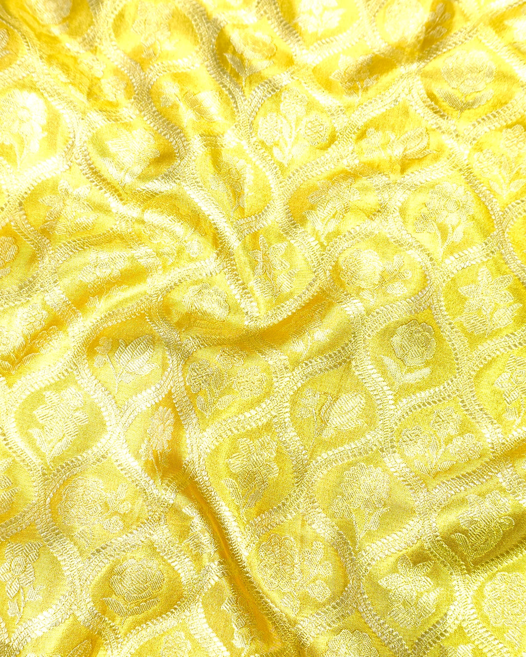 Yellow Pure Kanjivaram Saree with Floral Jaal and Broad Contrast Border