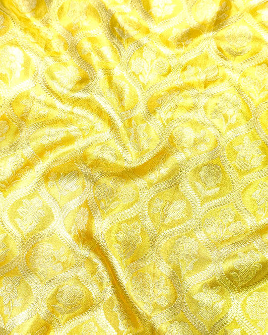 Yellow Pure Kanjivaram Saree with Floral Jaal and Broad Contrast Border