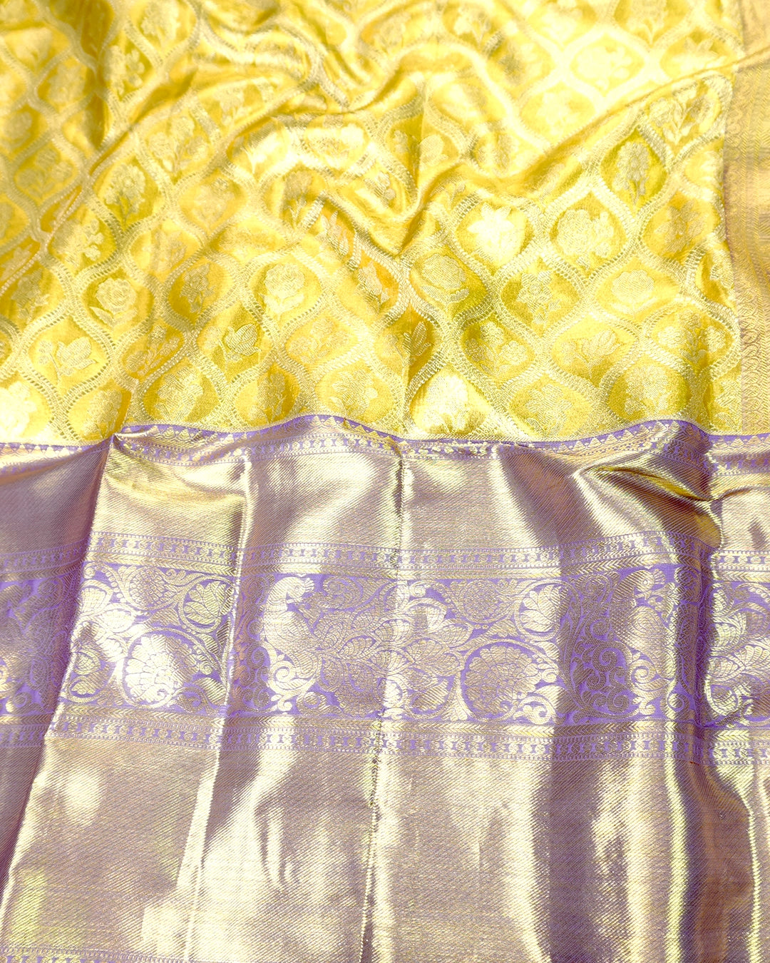 Yellow Pure Kanjivaram Saree with Floral Jaal and Broad Contrast Border