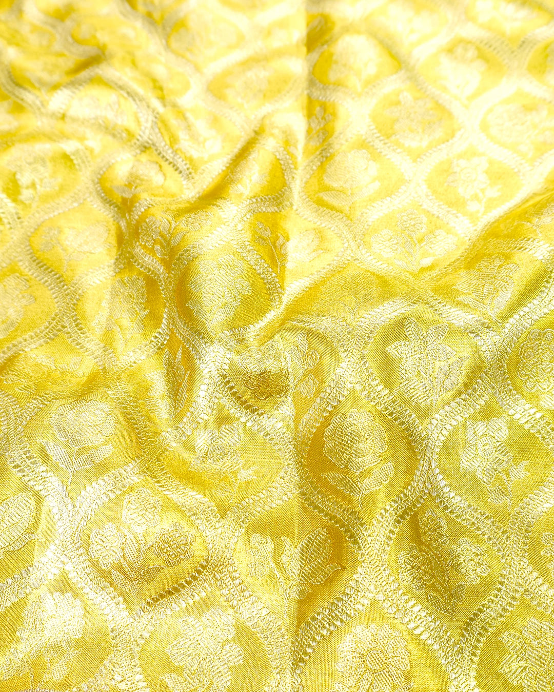 Yellow Pure Kanjivaram Saree with Floral Jaal and Broad Contrast Border