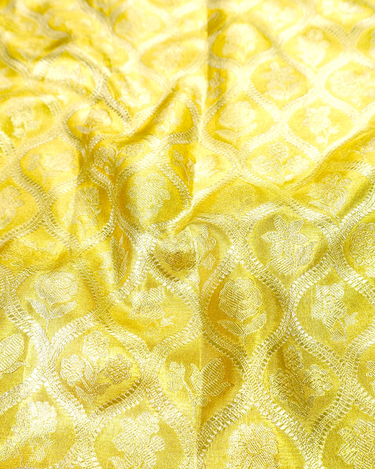 Yellow Pure Kanjivaram Saree with Floral Jaal and Broad Contrast Border