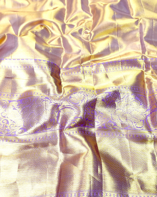 Yellow Pure Kanjivaram Saree with Floral Jaal and Broad Contrast Border