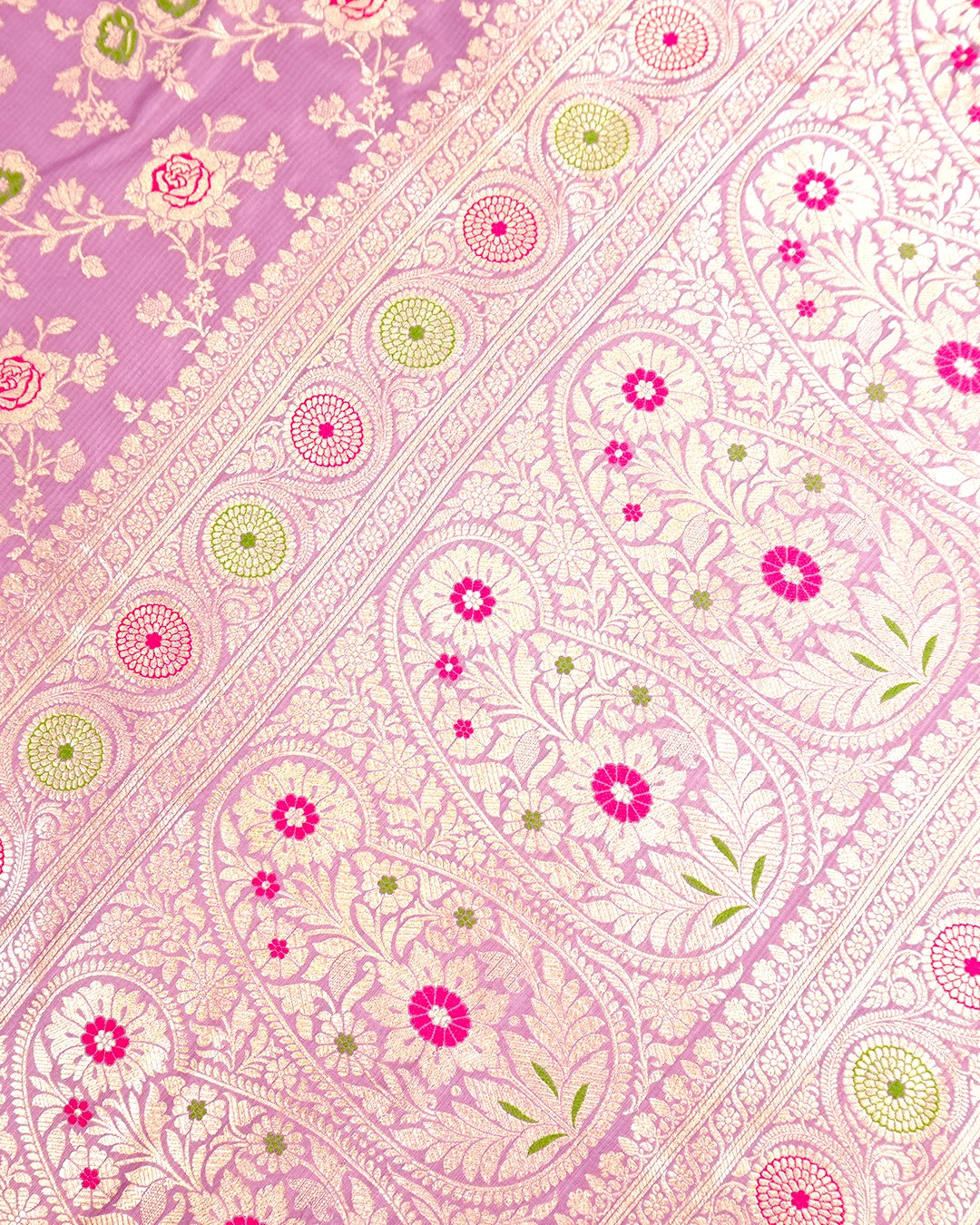 Soft Orchid Pure Katan Saree with Rose Floral Jaal with Meenakari Accents