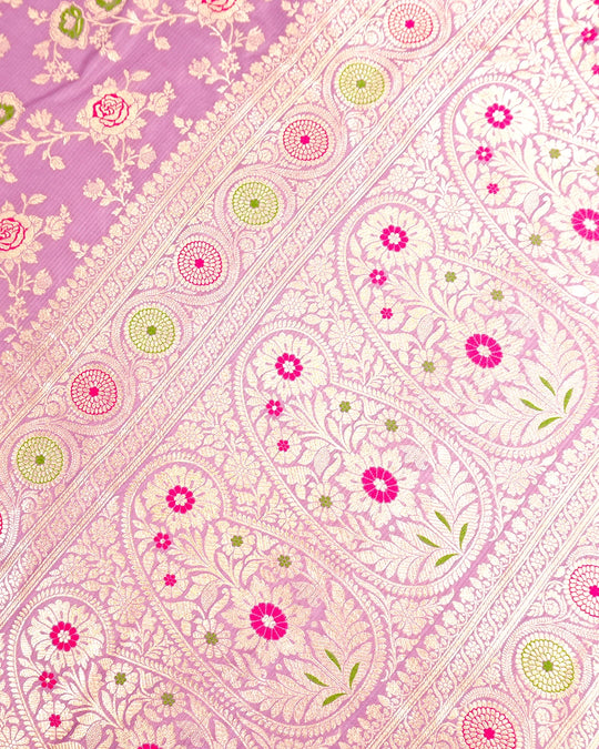 Soft Orchid Pure Katan Saree with Rose Floral Jaal with Meenakari Accents