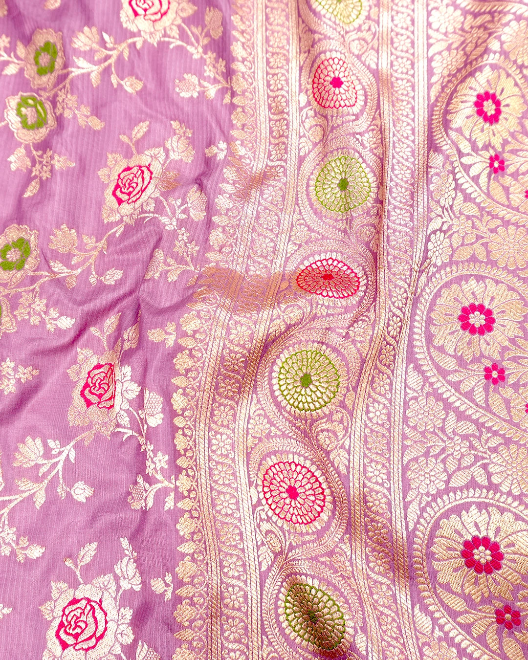 Soft Orchid Pure Katan Saree with Rose Floral Jaal with Meenakari Accents