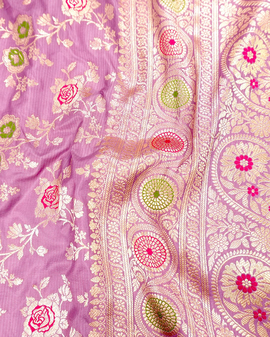 Soft Orchid Pure Katan Saree with Rose Floral Jaal with Meenakari Accents