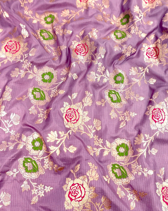 Soft Orchid Pure Katan Saree with Rose Floral Jaal with Meenakari Accents