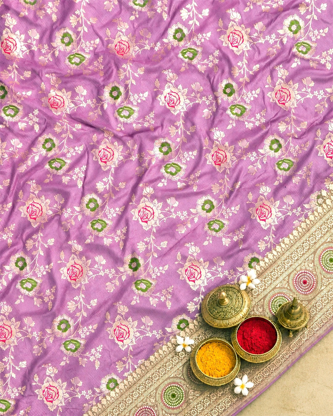 Soft Orchid Pure Katan Saree with Rose Floral Jaal with Meenakari Accents