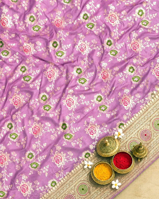 Soft Orchid Pure Katan Saree with Rose Floral Jaal with Meenakari Accents