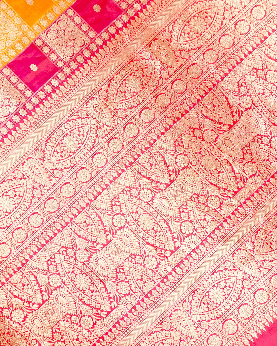 Multihued Rangkat Pure Katan Saree with Checkered Weaving