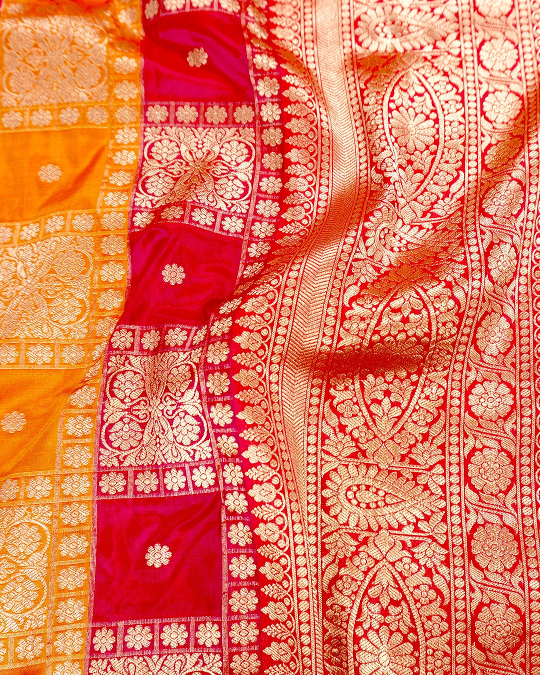 Multihued Rangkat Pure Katan Saree with Checkered Weaving