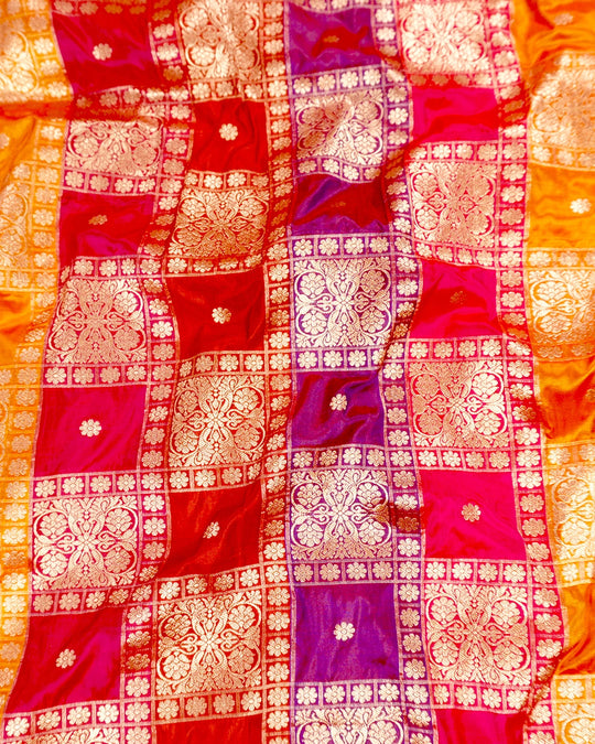 Multihued Rangkat Pure Katan Saree with Checkered Weaving