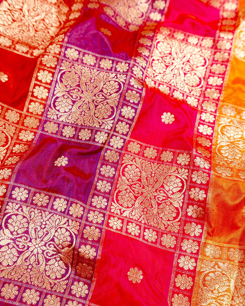 Multihued Rangkat Pure Katan Saree with Checkered Weaving