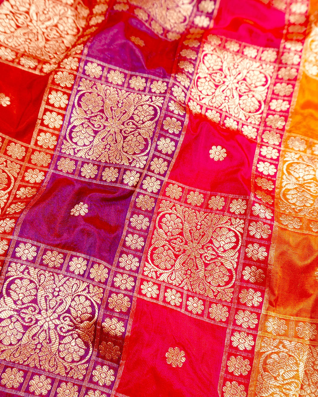 Multihued Rangkat Pure Katan Saree with Checkered Weaving
