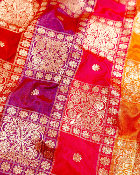 Multihued Rangkat Pure Katan Saree with Checkered Weaving
