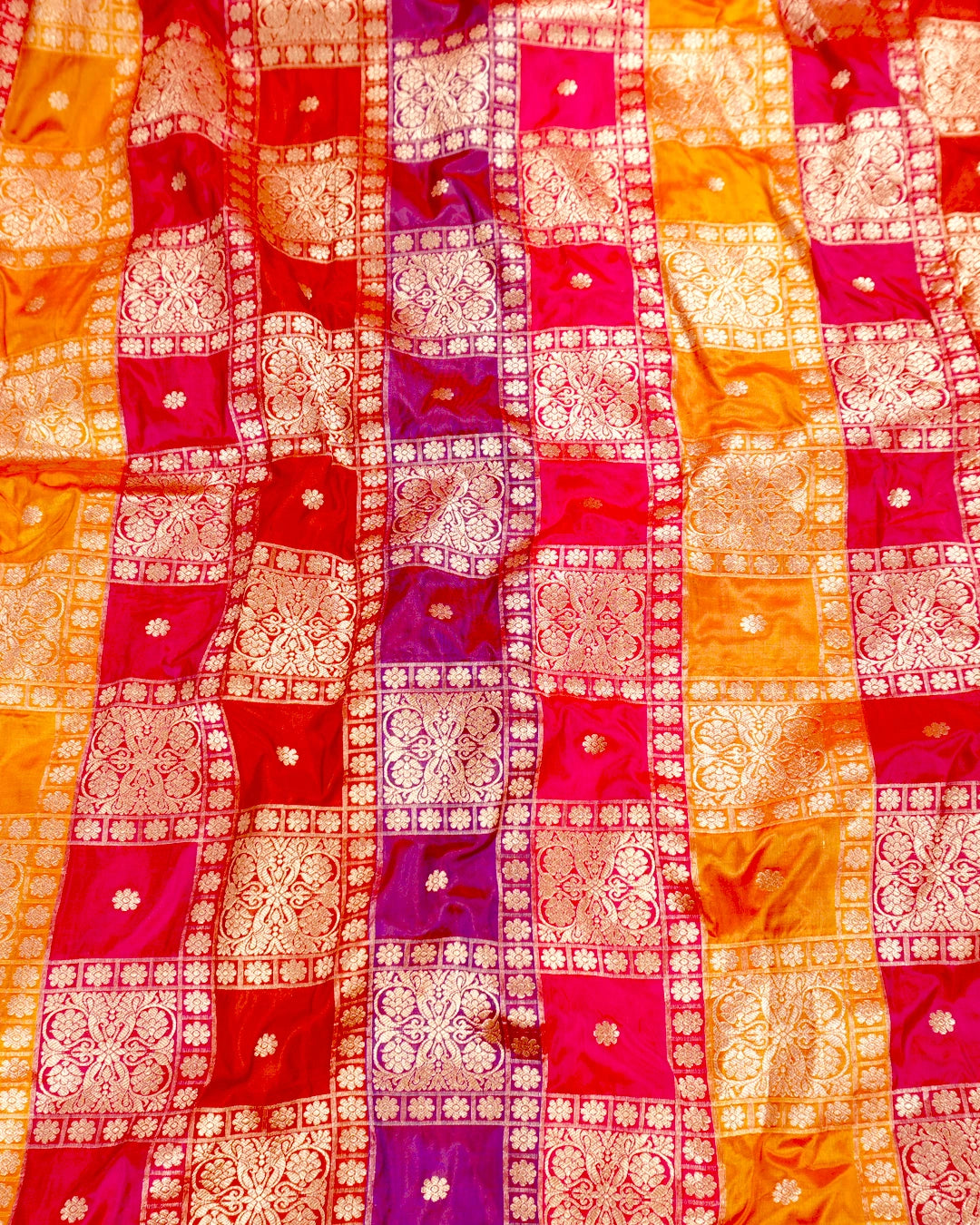 Multihued Rangkat Pure Katan Saree with Checkered Weaving