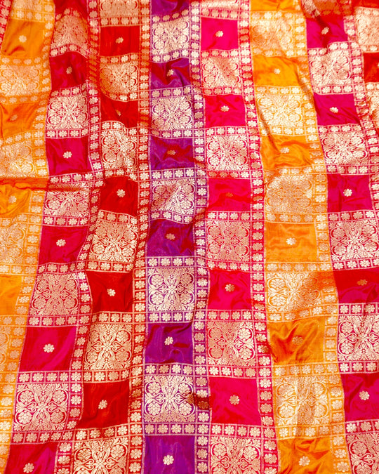 Multihued Rangkat Pure Katan Saree with Checkered Weaving