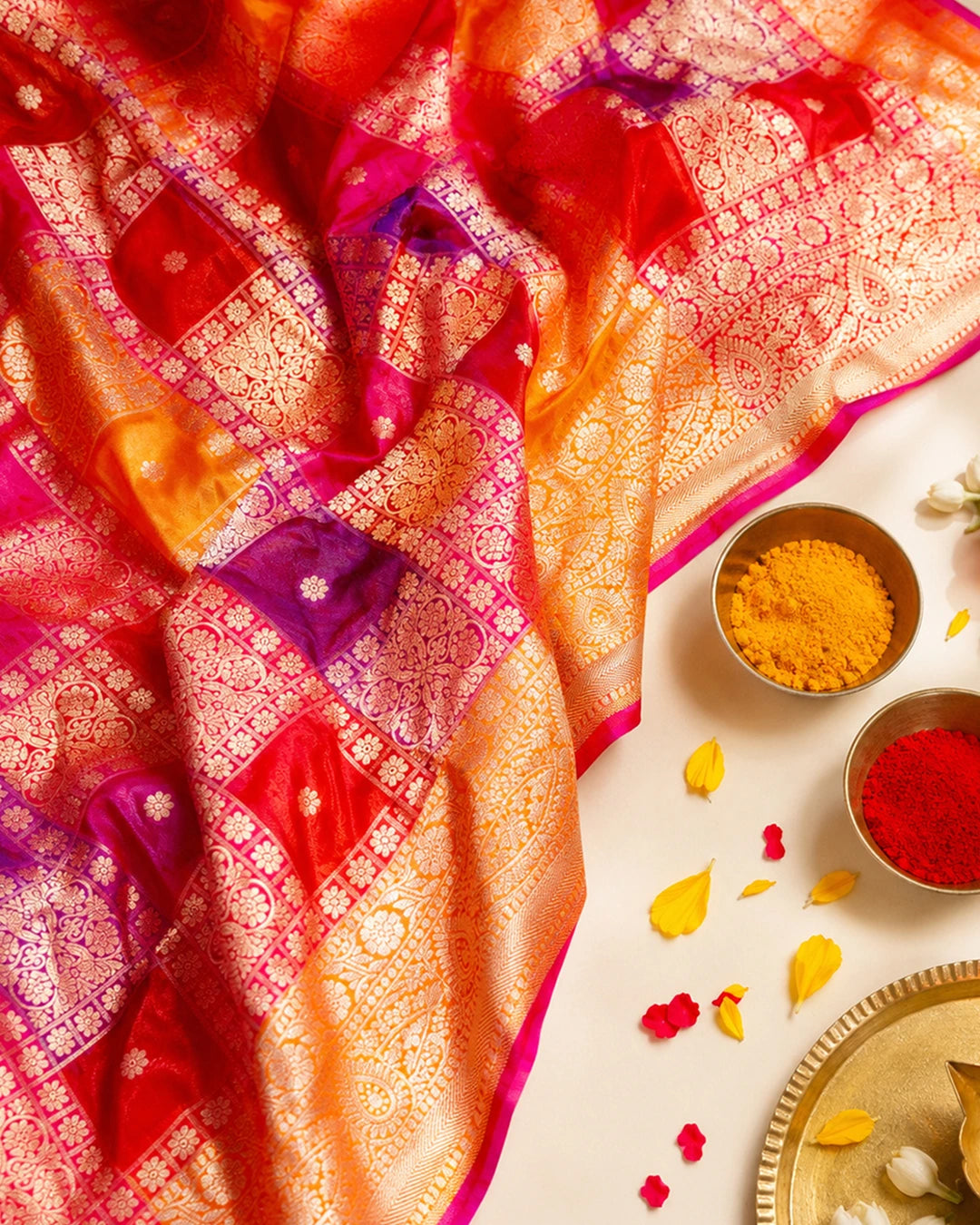 Multihued Rangkat Pure Katan Saree with Checkered Weaving