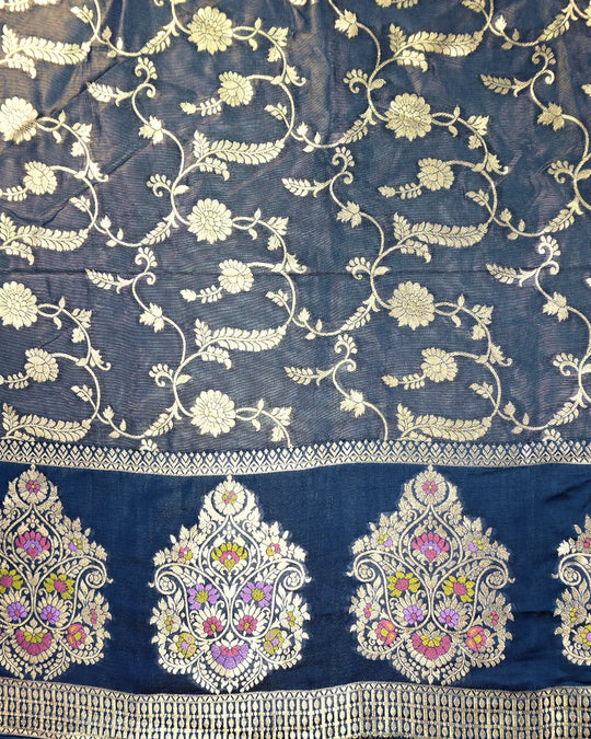 Blue Pure Tissue Saree with Floral Vine Jaal & Meenakari Paisley Pallu Weaving