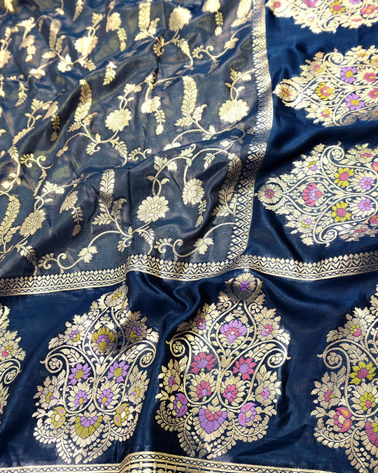 Blue Pure Tissue Saree with Floral Vine Jaal & Meenakari Paisley Pallu Weaving
