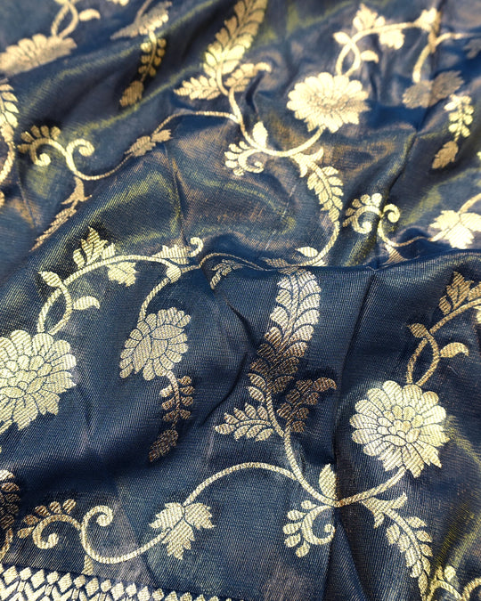 Blue Pure Tissue Saree with Floral Vine Jaal & Meenakari Paisley Pallu Weaving