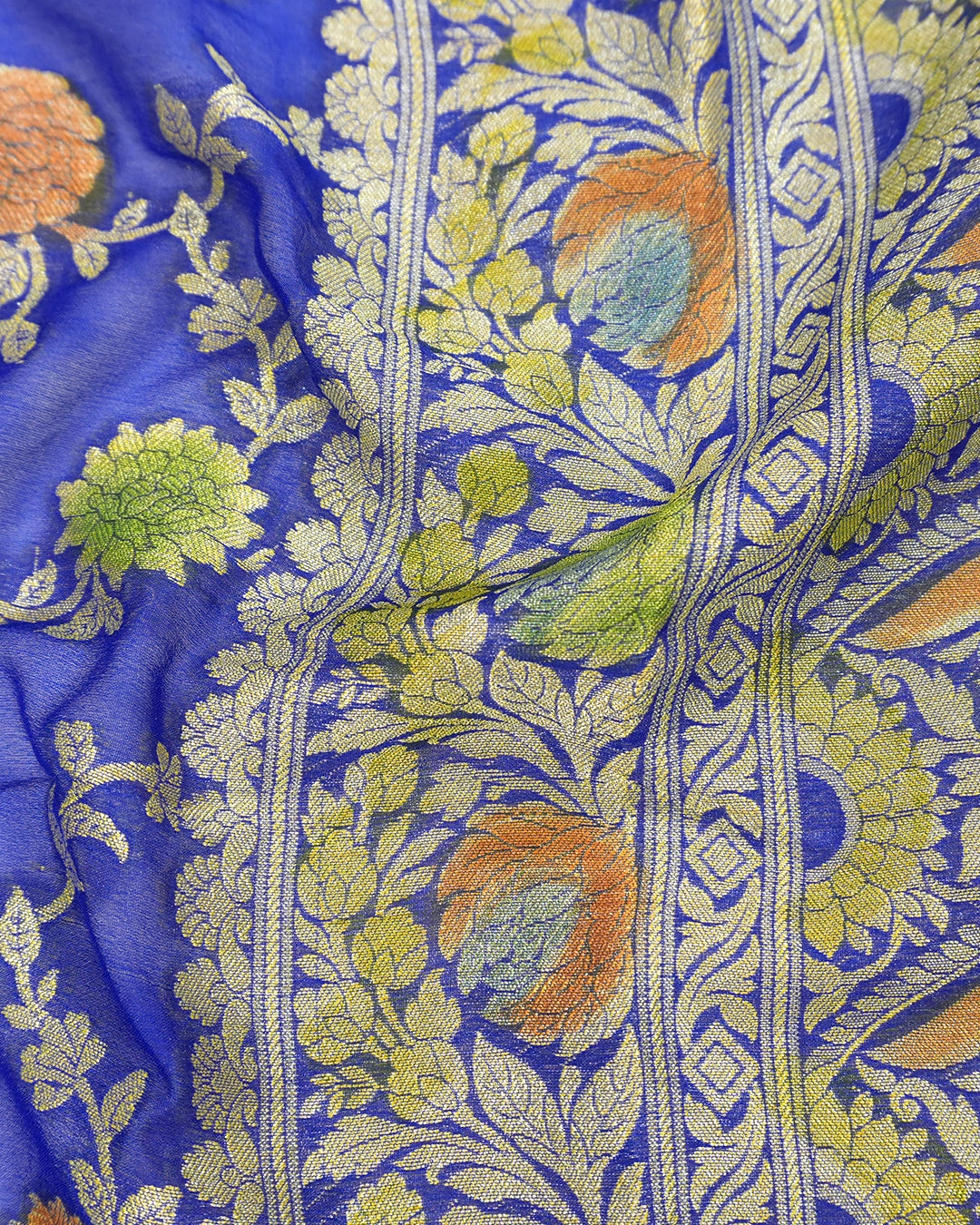 Blue Pure Chiffon Saree with Meenakari Floral Vine Weaves