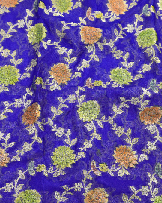 Blue Pure Chiffon Saree with Meenakari Floral Vine Weaves
