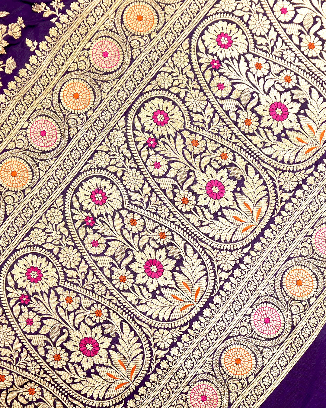 Royal Purple Pure Katan Saree with Meenakari Floral Trail Weaves