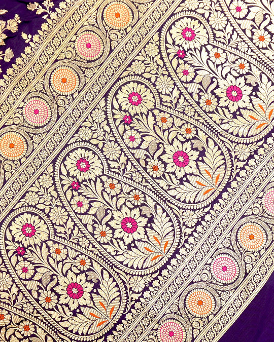 Royal Purple Pure Katan Saree with Meenakari Floral Trail Weaves
