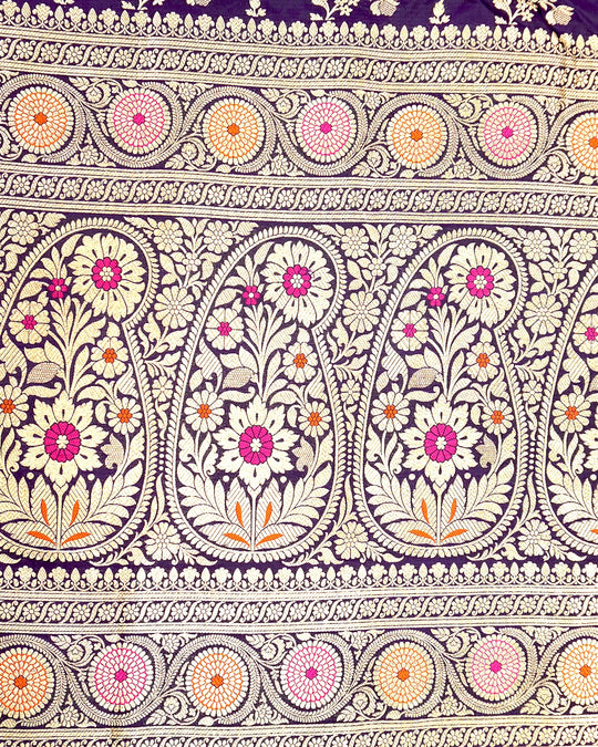 Royal Purple Pure Katan Saree with Meenakari Floral Trail Weaves
