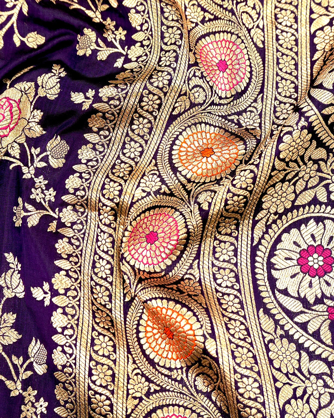 Royal Purple Pure Katan Saree with Meenakari Floral Trail Weaves