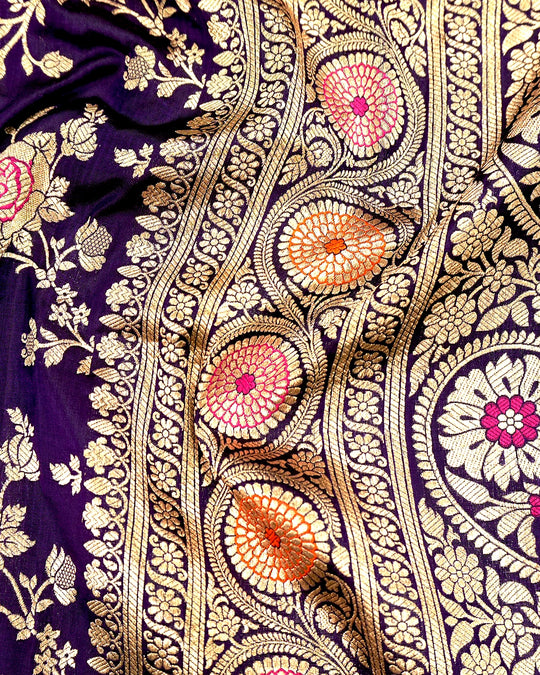 Royal Purple Pure Katan Saree with Meenakari Floral Trail Weaves
