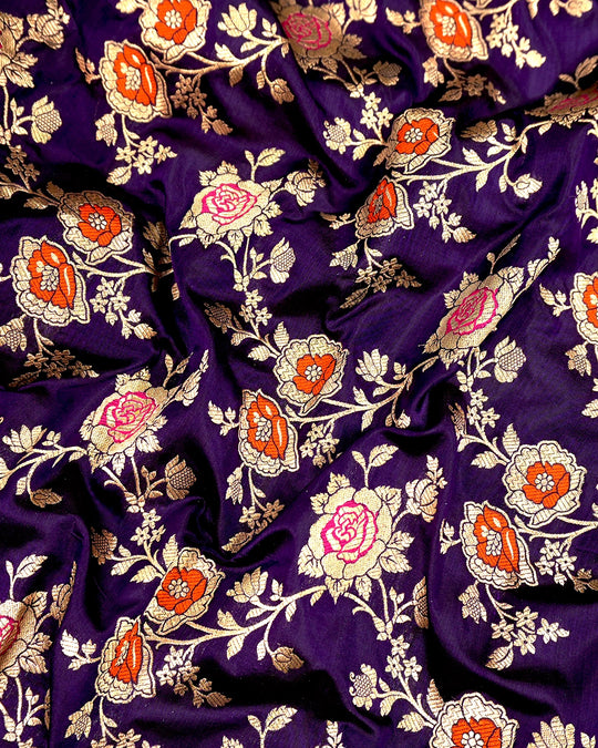Royal Purple Pure Katan Saree with Meenakari Floral Trail Weaves