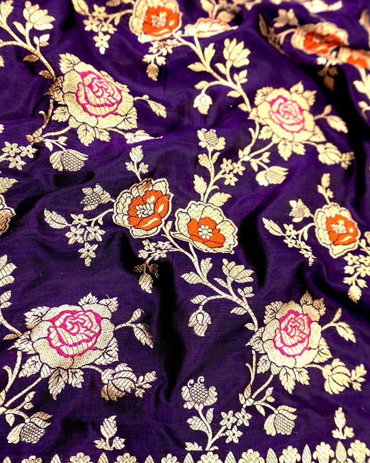 Royal Purple Pure Katan Saree with Meenakari Floral Trail Weaves