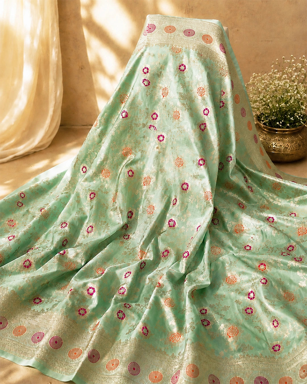 Green Pure Katan Saree with Multicolor Floral Meenakari Jaal