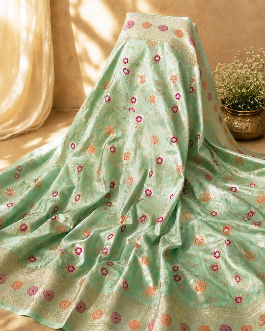 Green Pure Katan Saree with Multicolor Floral Meenakari Jaal