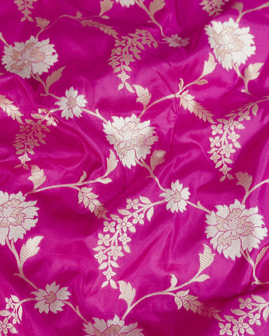 Rani Pink Pure Katan Saree with Floral Jaal Weaving